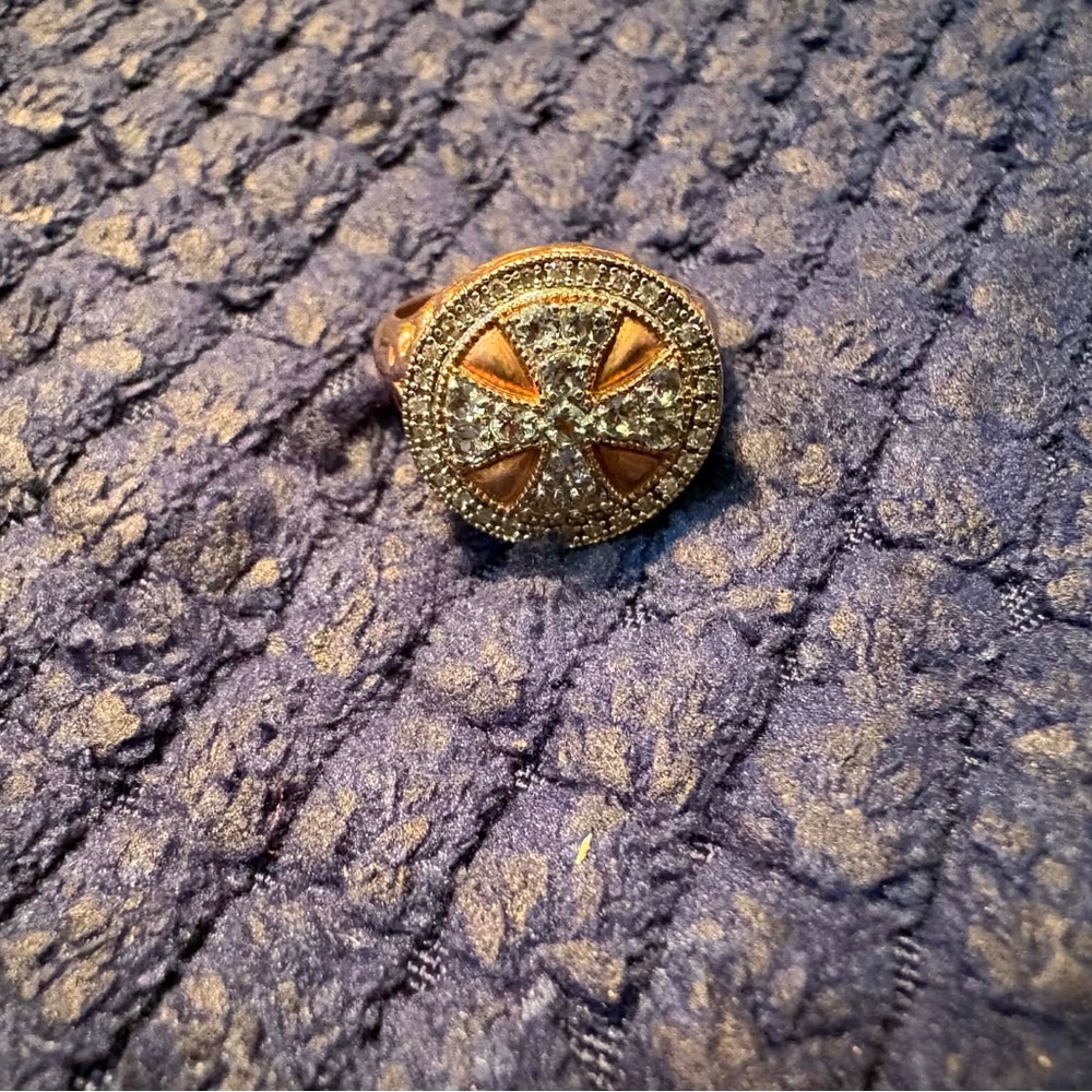 Gold Tone Pave Circle Cross Ring with Orange Inlay